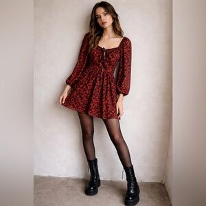 Nasty Gal Red Rose Mini Dress Dark Academia Goth Dark Romantic Goth Y2K Sz 12